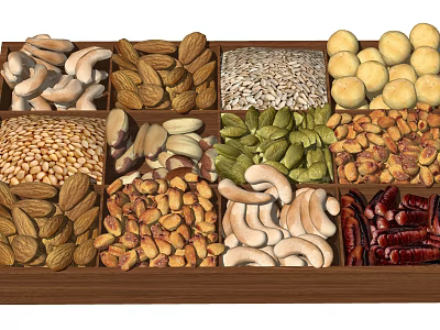 Various Nuts and Dried Fruits Arranged in Wooden Compartments 3d model
