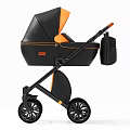 Modern Black And Orange Baby Pram With Leather Material And Storage Bag