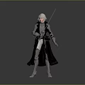 Game Movie Character With Silver Hair In Medieval Armor Holding Sword And Black Cape