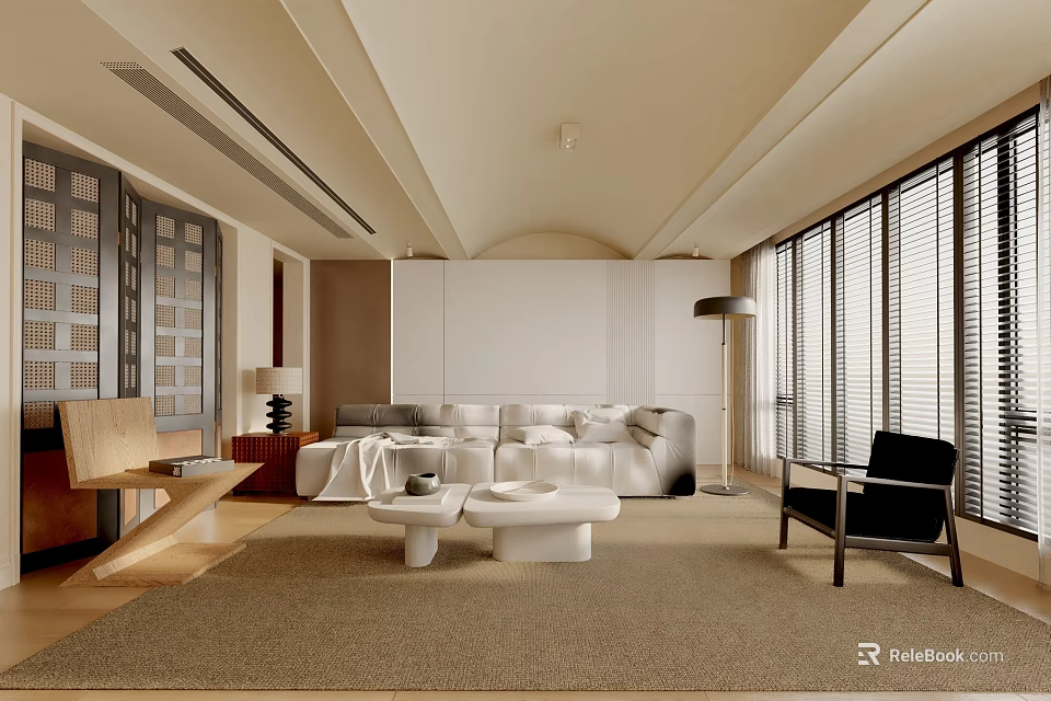 Modern Living Room Interior With White Sofa Beige Carpet Coffee Tables And Window Blinds 3d model 