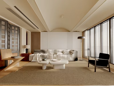 Modern Living Room Interior With White Sofa Beige Carpet Coffee Tables And Window Blinds 3d model