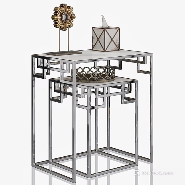 Modern Dining Table With Chrome Frame Marble Top And Geometric Design Decorative Items 3d model 