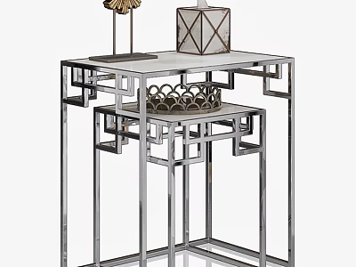 Modern Dining Table With Chrome Frame Marble Top And Geometric Design Decorative Items 3d model