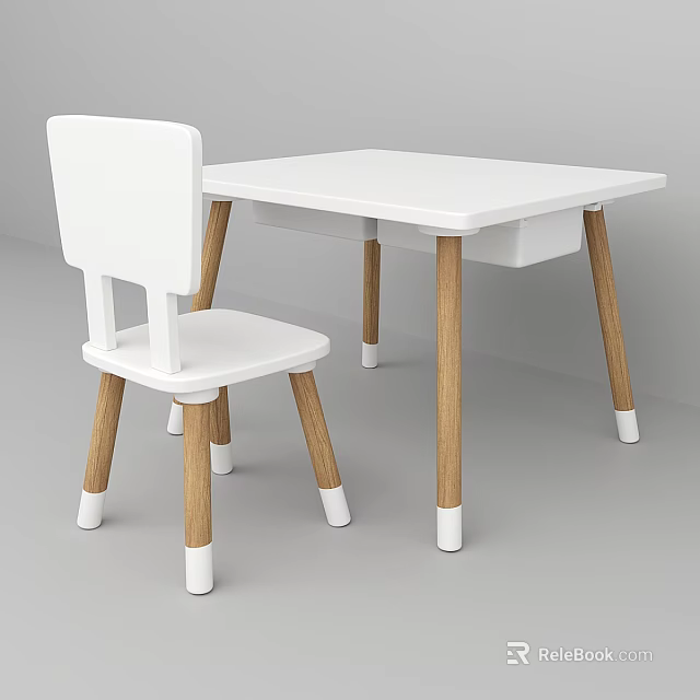 Modern White Table and Chair Set with Wooden Legs and Minimalist Design 3d model 