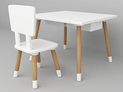 Modern White Table and Chair Set with Wooden Legs and Minimalist Design 3d model