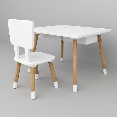 Modern White Table and Chair Set with Wooden Legs and Minimalist Design 3d model