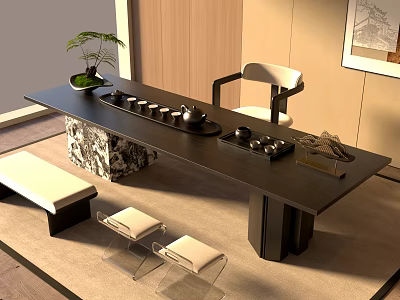 Modern Black Tea Table and Chairs with Tea Sets Potted Plant and Transparent Seats 3d model