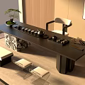 Modern Black Tea Table and Chairs with Tea Sets Potted Plant and Transparent Seats