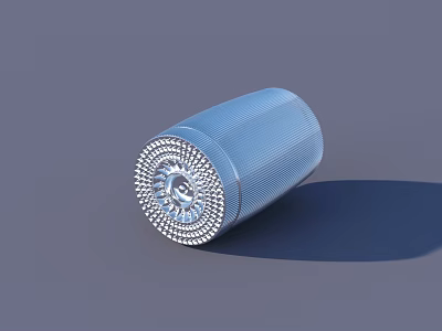 Blue Ribbed Cylinder With Intricate Textured Base On Gray Background 3d model