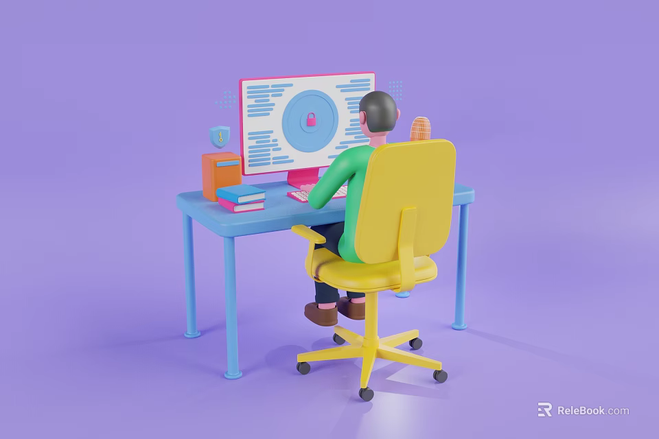 Game Movie Character Sitting At Blue Desk Using Computer With Purple Background And Yellow Chair 3d model