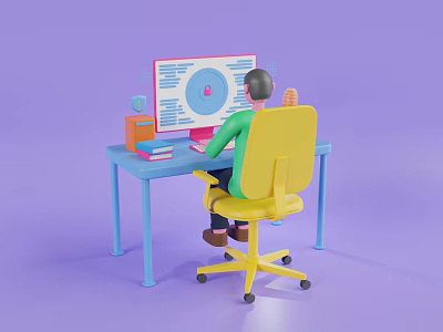 Game Movie Character Sitting At Blue Desk Using Computer With Purple Background And Yellow Chair 3d model