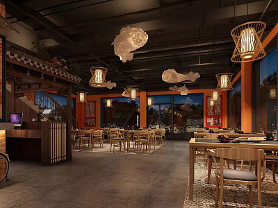 Cozy Restaurant Interior With Wooden Tables Chairs Pendant Lights And Warm Ambience 3d model