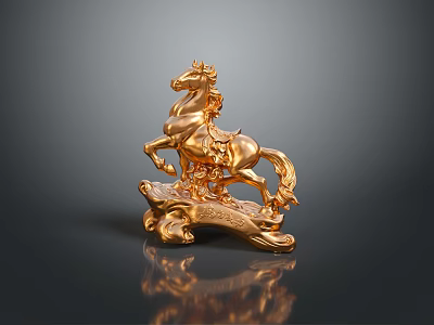 Golden Horse Decorative Sculpture With Leaping Pose And Ornate Base Shiny Finish 3d model