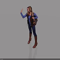 Waving Female Game Movie Character With Brown Hair Blue Top Dark Vest Blue Jeans Boots