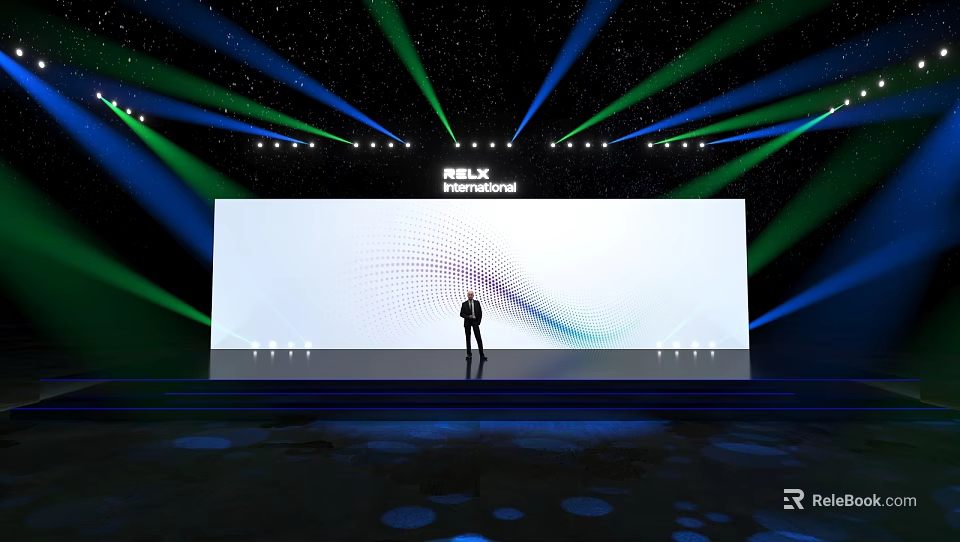 Stage With Large Screen Displaying MEIZU Harmony Person Standing Under Green Blue Lights Reflective Floor 3d model 