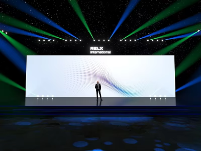 Stage With Large Screen Displaying MEIZU Harmony Person Standing Under Green Blue Lights Reflective Floor 3d model