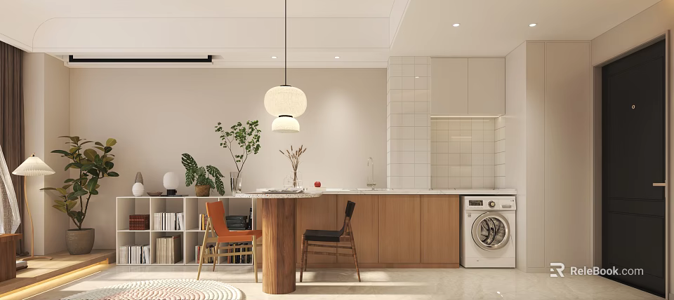 Modern Apartment Interior With Open Layout Wooden Cabinets White Tiled Walls Pendant Lamp And Plants 3d model 