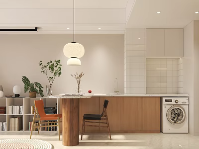 Modern Apartment Interior With Open Layout Wooden Cabinets White Tiled Walls Pendant Lamp And Plants 3d model