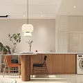 Modern Apartment Interior With Open Layout Wooden Cabinets White Tiled Walls Pendant Lamp And Plants