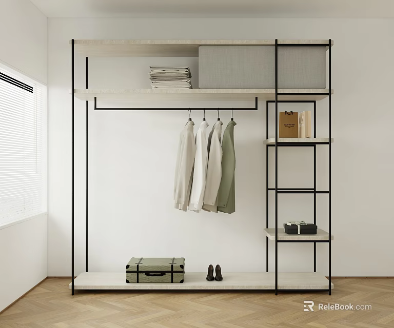 Minimalist Modern Wardrobe Rack With Clothes Suitcase And Shoes 3d model 