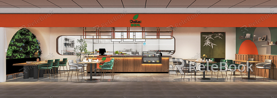 Modern Dessert Shop Milk Tea Shop Beverage Shop Bar Counter Cashier Console Casual Table and Chair Beverage Shop Door Head model