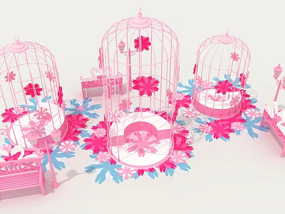 Charming Photo Check-in Spot With Pink Birdcages Flower Decorations Benches And Lamps 3d model