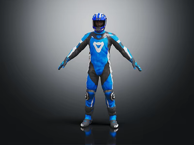 Man Wearing Blue Motorcycle Suit And Helmet In Full Body Protective Gear 3d model