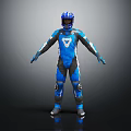 Man Wearing Blue Motorcycle Suit And Helmet In Full Body Protective Gear