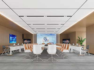 Modern Conference Room With Long Table White Orange Chairs And Ceiling Lights 3d model