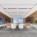 Modern Conference Room With Long Table White Orange Chairs And Ceiling Lights