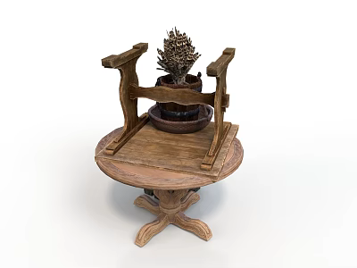 Wooden Accent Table With Carved Details And Decorative Lavender Plant 3d model