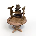 Wooden Accent Table With Carved Details And Decorative Lavender Plant