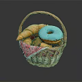 Wicker Basket Filled With Fresh Croissants Blue Frosted Donut And Patterned Cloth