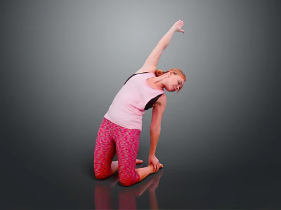 Woman Yoga Stretching On One Knee Arm Extended In Pink Tank Top Red Patterned Leggings 3d model