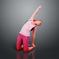 Woman Yoga Stretching On One Knee Arm Extended In Pink Tank Top Red Patterned Leggings