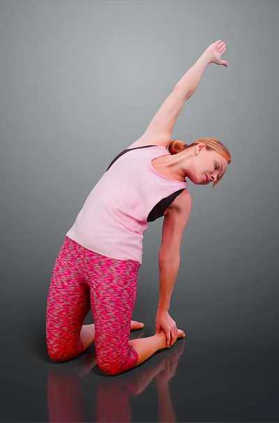 Woman Yoga Stretching On One Knee Arm Extended In Pink Tank Top Red Patterned Leggings 3d model