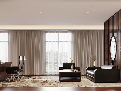 Bright Modern Office Interior Design With Large Windows Leather Sofa And Wooden Desk 3d model
