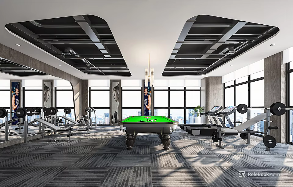 Spacious Modern Fitness Gym With Workout Equipment Pool Table And Large Windows 3d model 