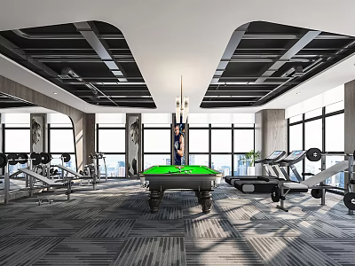 Spacious Modern Fitness Gym With Workout Equipment Pool Table And Large Windows 3d model