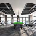 Spacious Modern Fitness Gym With Workout Equipment Pool Table And Large Windows