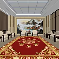Hotel Public Lounge Interior With Beige Sofas Red Patterned Carpet And Landscape Painting 3d model