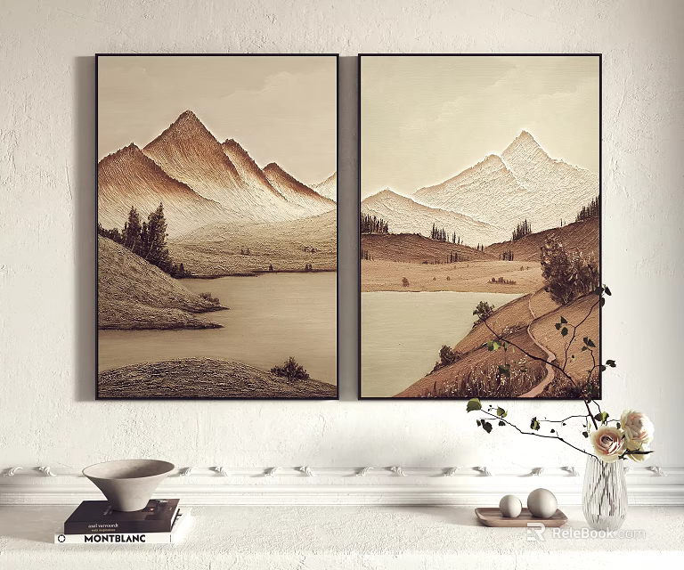 Two Panel Landscape Paintings With Mountain Lake Trees And Natural Scenery 3d model 