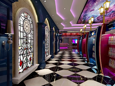 Modern KTV Lounge Interior with Colorful Lighting Art Decor and Spacious Corridor Design 3d model