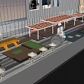 Modern Commercial Street With Glass Buildings Billboards Outdoor Seating Vehicles And Pedestrians