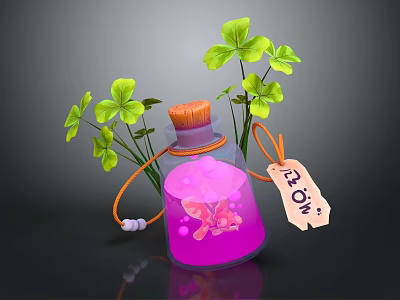 Decorative Glass Bottle With Orange Cap Pink Liquid Green Clover Leaves Lemon Tag White Beads 3d model