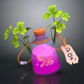 Decorative Glass Bottle With Orange Cap Pink Liquid Green Clover Leaves Lemon Tag White Beads