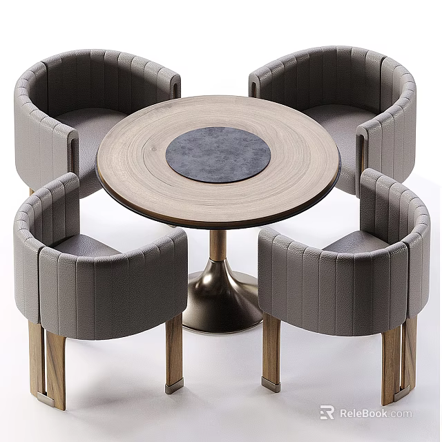 Modern Round Wooden Dining Table With Four Grey Upholstered Chairs And Metal Base 3d model 