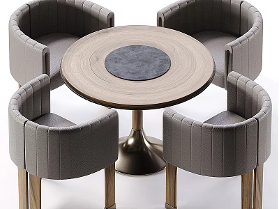 Modern Round Wooden Dining Table With Four Grey Upholstered Chairs And Metal Base 3d model