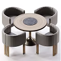 Modern Round Wooden Dining Table With Four Grey Upholstered Chairs And Metal Base