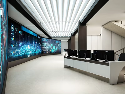 Modern Monitoring Room With Large Display Screens Multiple Computer Monitors And White Console 3d model